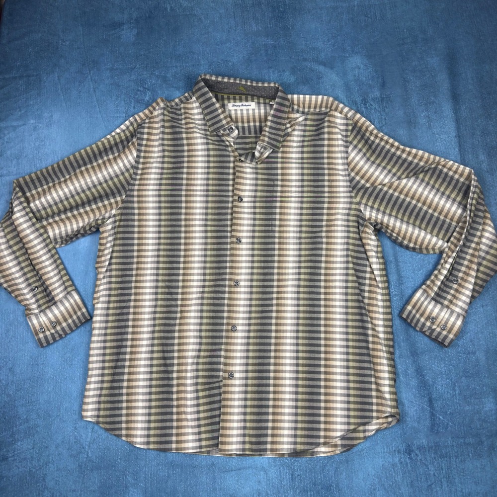 Tommy Bahama Mens XL Long Sleeve Button Down Shirt Plaid Brown Olive Green